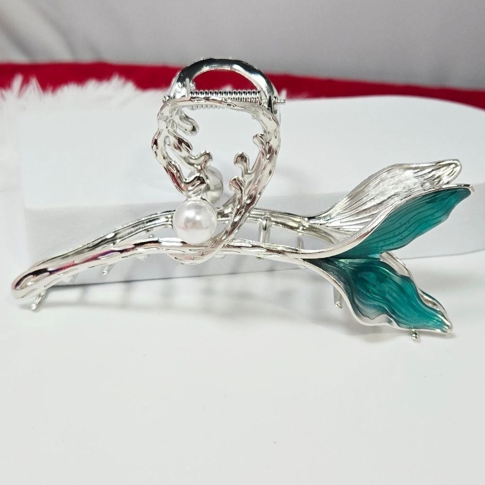 Large Mermaid Tail Hair Claw Turquoise Enamel Pearl Coastal Statement Clip